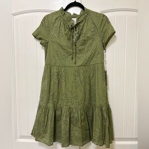 NWT Joie olive green eyelet tiered mini dress, XS | romantic boho cottagecore